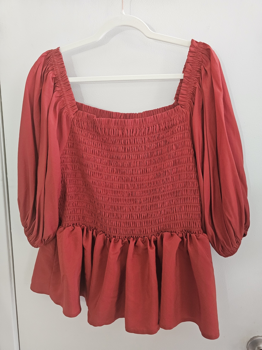 Smocked Red Peplum Blouse with Puff Sleeves - Picture 5 of 5